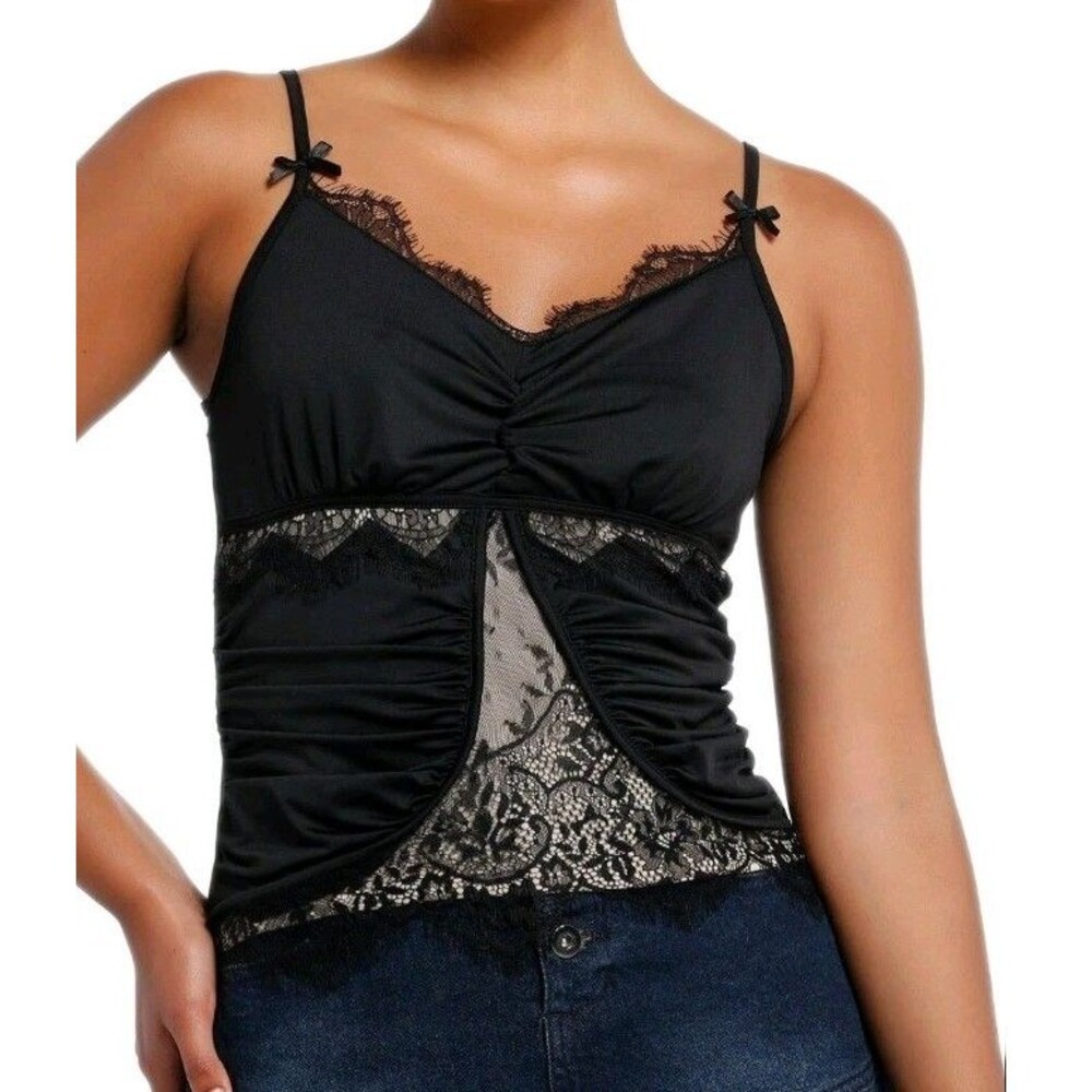 Social Collision Lace Cami Top Black Ruched Mesh Y2K Goth Grunge XL EUC